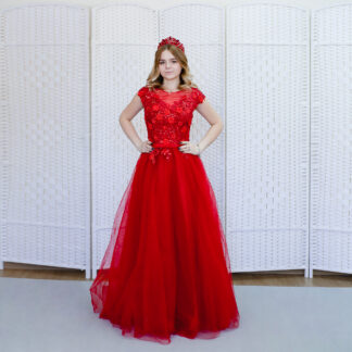Фатиновое Красное  платье в пол декорировано цветами