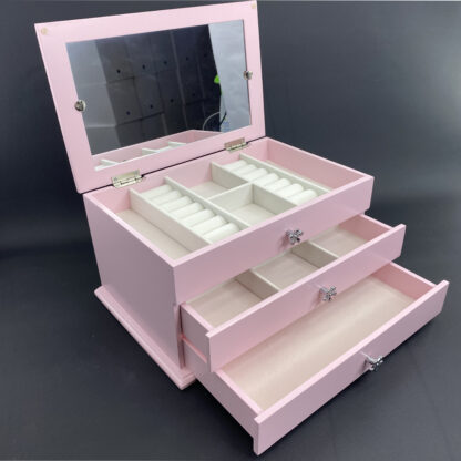Шкатулка для украшений, 2 ящика, розовая с зеркалом