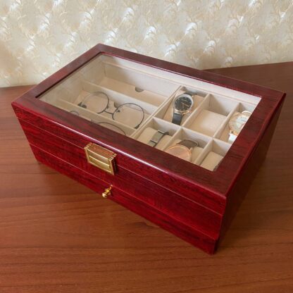 Шкатулка для часов и очков, красная лакированная с 2 ящиками и зеркалом